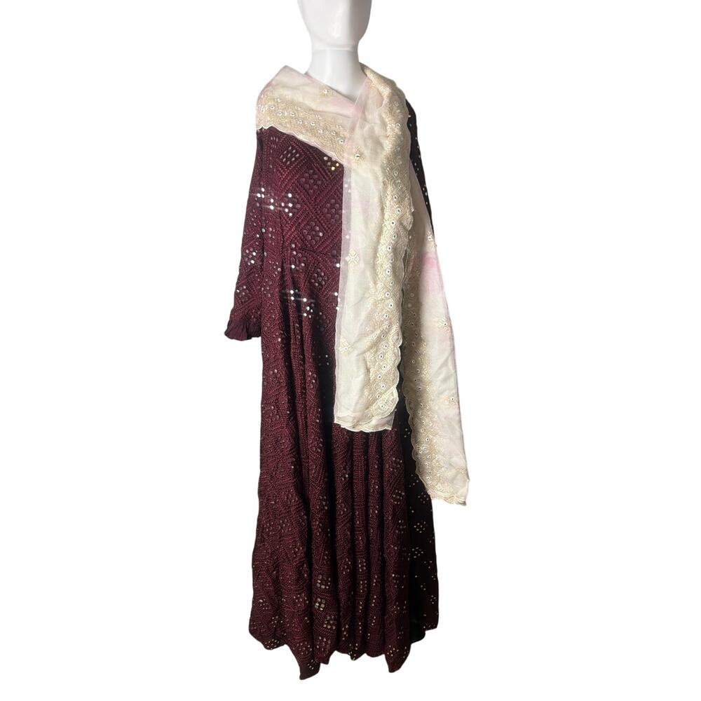 Vintage Maroon Mirror Work Anarkali Dress Gown with Dupatta Scarf Size XL